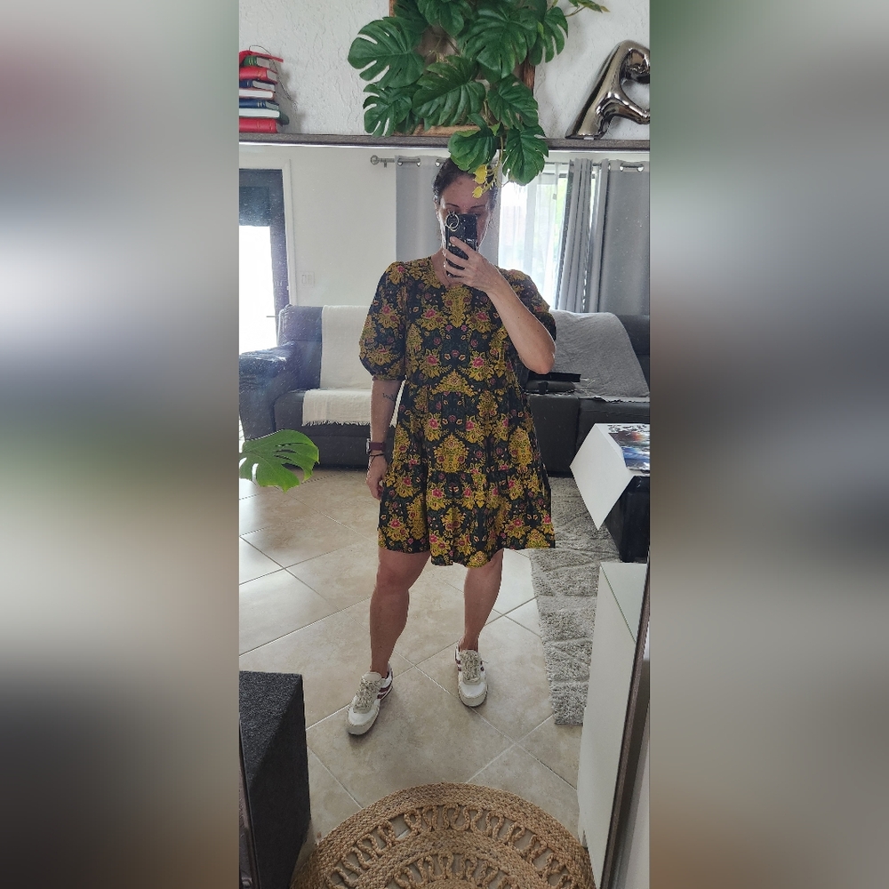 Farm Rio Black Arabesque Floral Puff Sleeve Mini